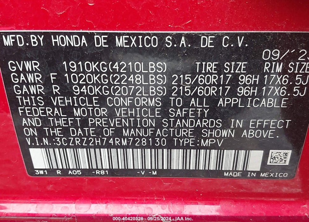 2024 HONDA HR-V VIN: 3CZRZ2H74RM728130