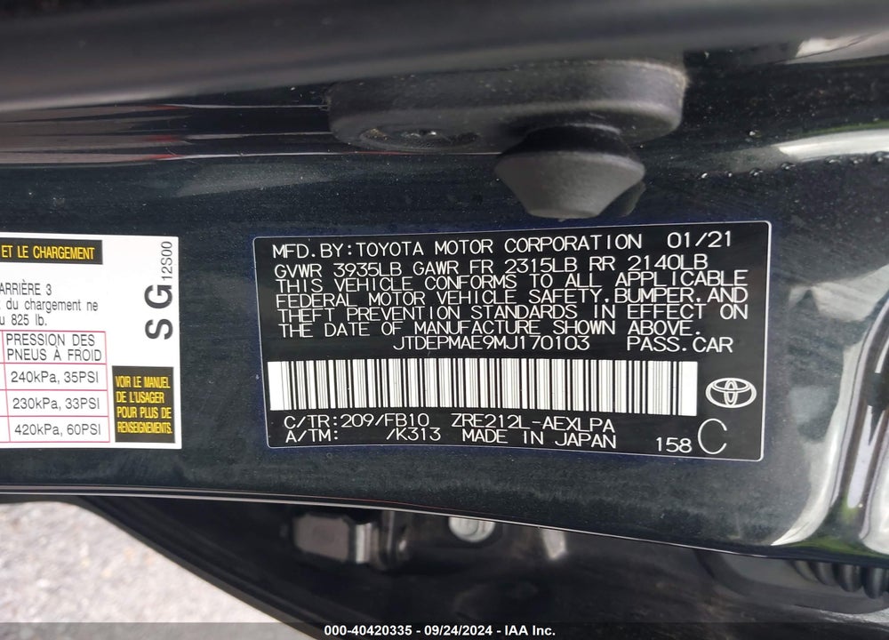 2021 TOYOTA COROLLA LE VIN: JTDEPMAE9MJ170103