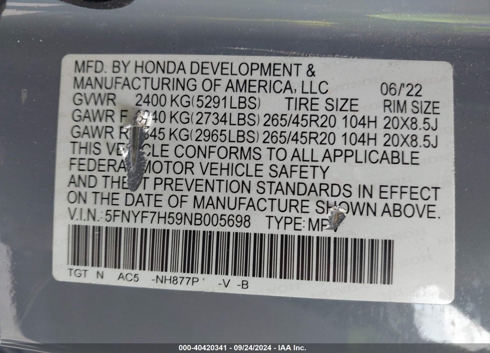 2022 HONDA PASSPORT 2WD EX-L VIN: 5FNYF7H59NB005698