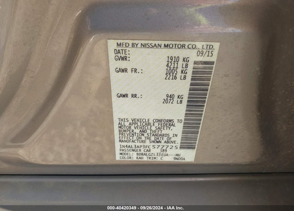 2015 NISSAN ALTIMA 2.5 S VIN: 1N4AL3AP3FC577725