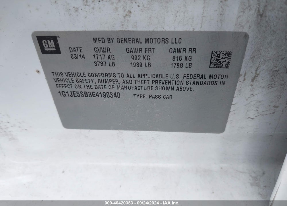 2014 CHEVROLET SONIC LTZ AUTO VIN: 1G1JE5SB3E4190340