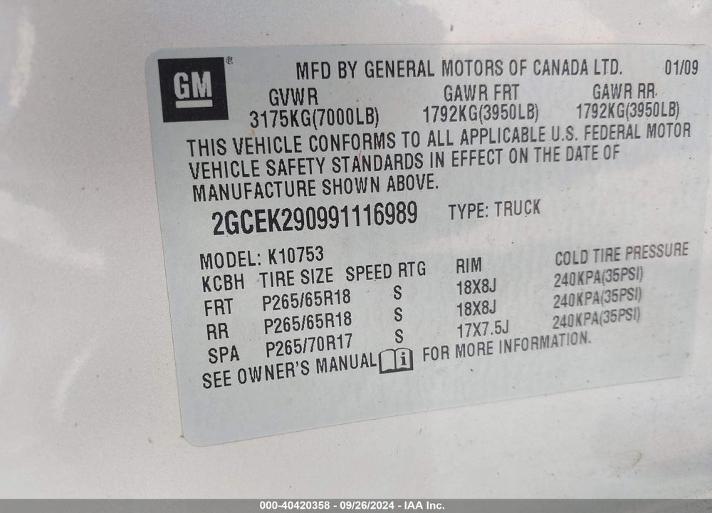 2009 CHEVROLET SILVERADO 1500 LT VIN: 2GCEK290991116989
