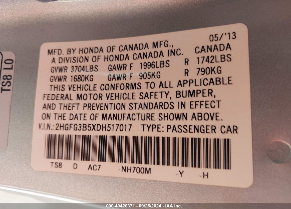 2013 HONDA CIVIC LX VIN: 2HGFG3B5XDH517017