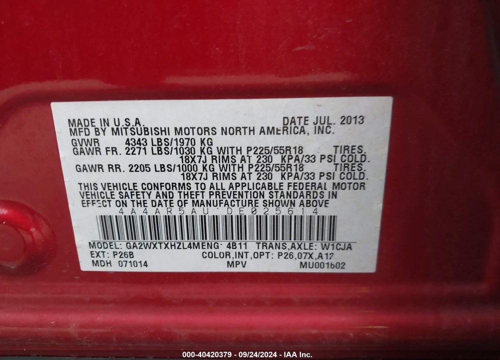 2013 MITSUBISHI OUTLANDER SPORT LE VIN: 4A4AR5AU1DE025614