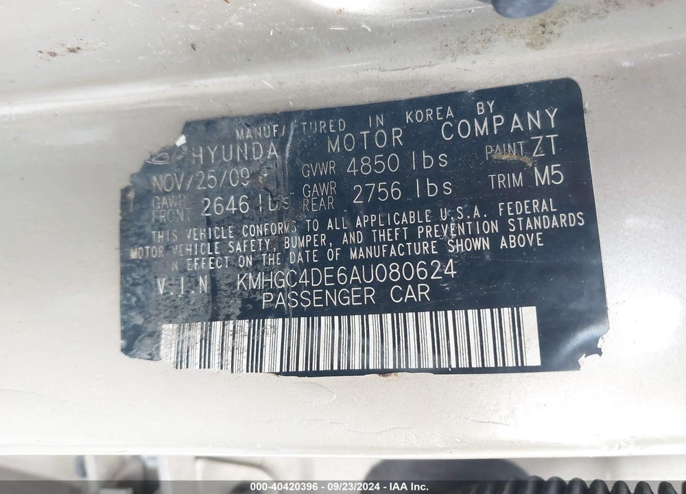 2010 HYUNDAI GENESIS 3.8 VIN: KMHGC4DE6AU080624