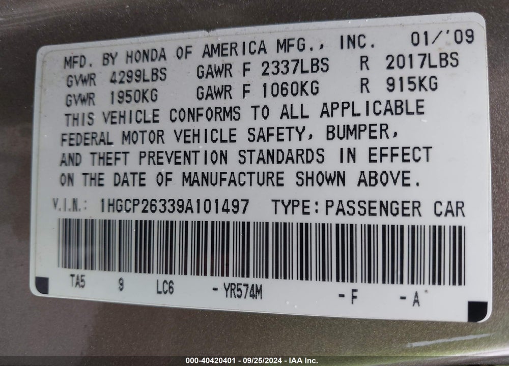 2009 HONDA ACCORD 2.4 LX VIN: 1HGCP26339A101497