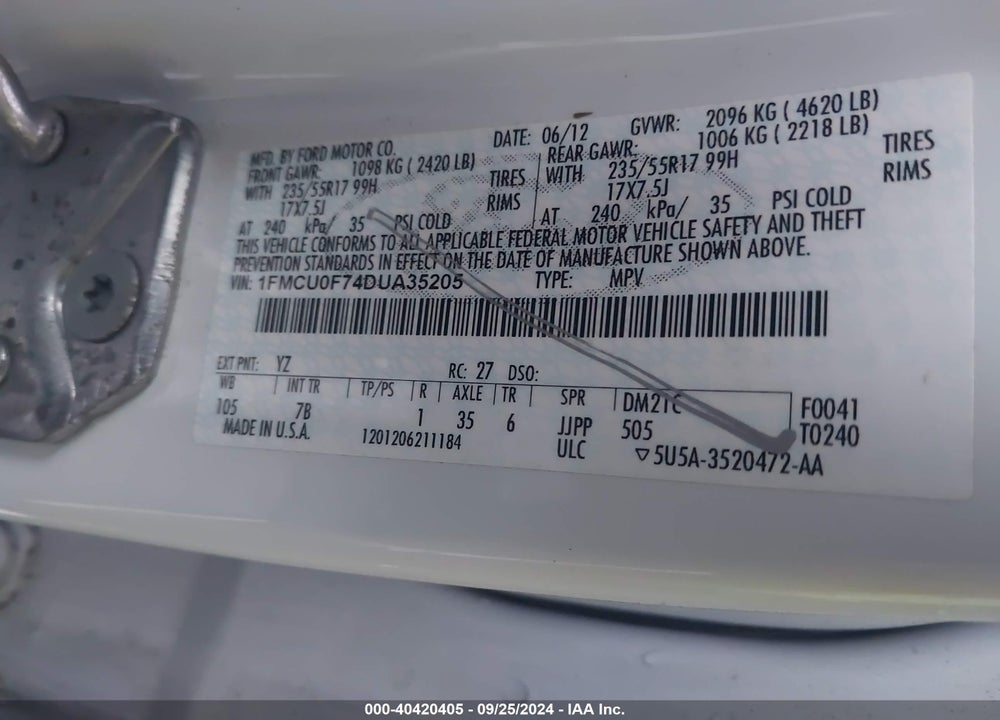 2013 FORD ESCAPE S VIN: 1FMCU0F74DUA35205