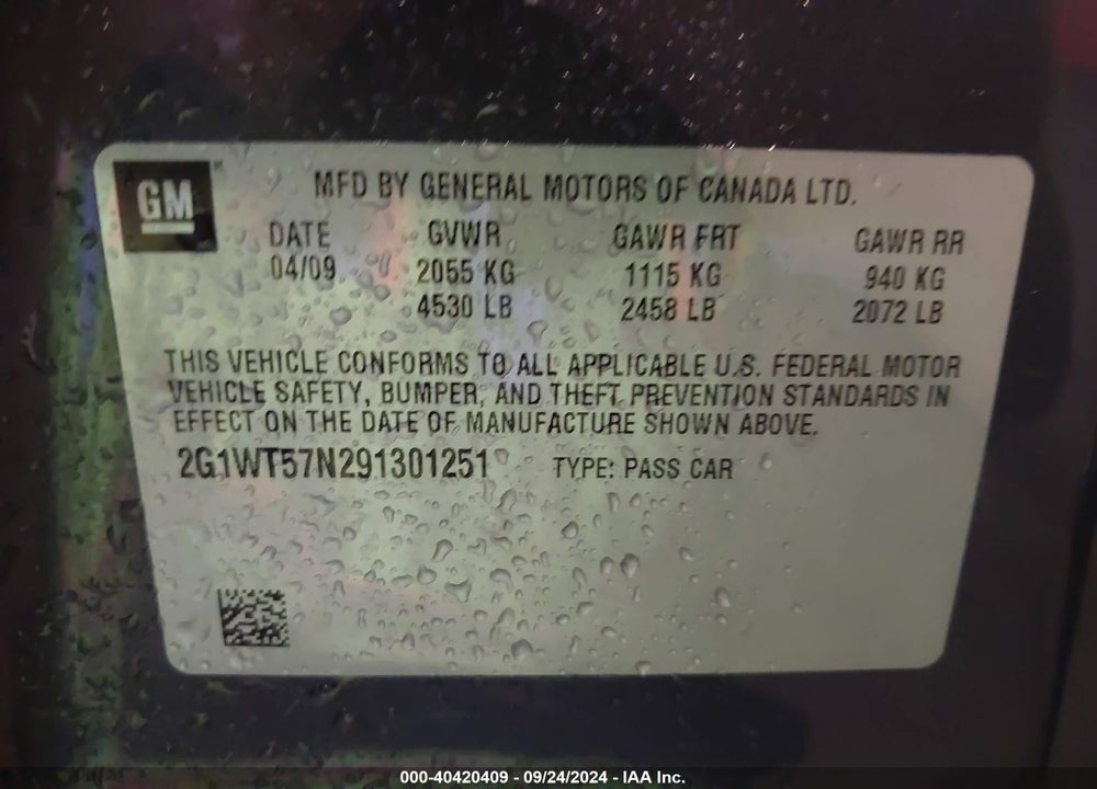 2009 CHEVROLET IMPALA LT VIN: 2G1WT57N291301251