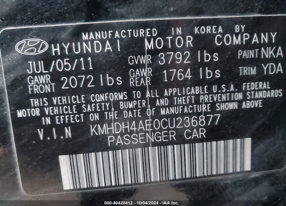 2012 HYUNDAI ELANTRA GLS (ULSAN PLANT) VIN: KMHDH4AE0CU236877