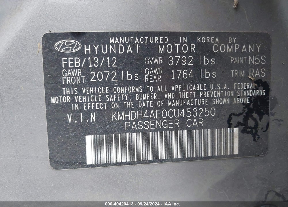 2012 HYUNDAI ELANTRA GLS (ULSAN PLANT) VIN: KMHDH4AE0CU453250