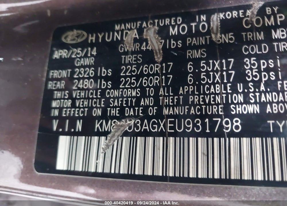 2014 HYUNDAI TUCSON SE VIN: KM8JU3AGXEU931798