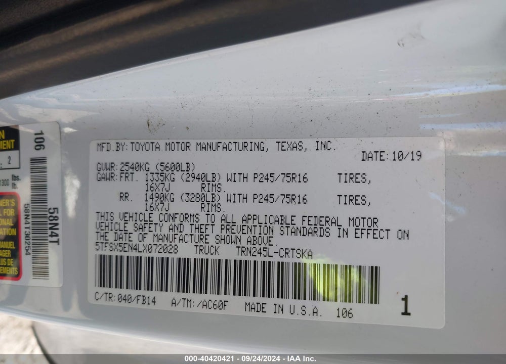 2020 TOYOTA TACOMA SR VIN: 5TFSX5EN4LX072028