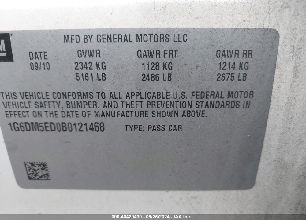 2011 CADILLAC CTS STANDARD VIN: 1G6DM5ED0B0121468