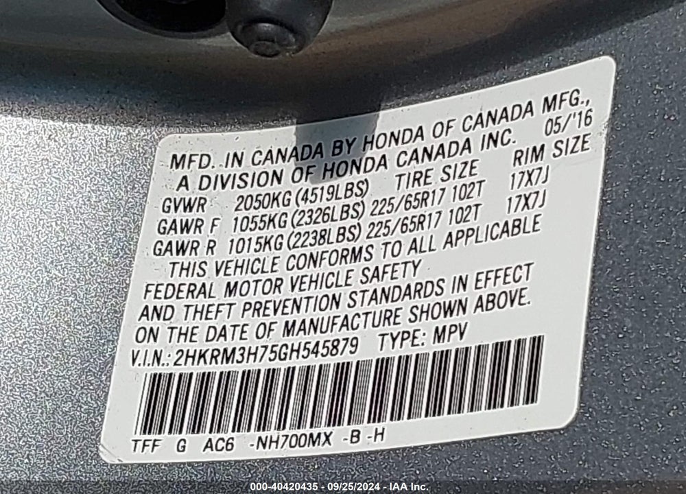 2016 HONDA CR-V EX-L VIN: 2HKRM3H75GH545879