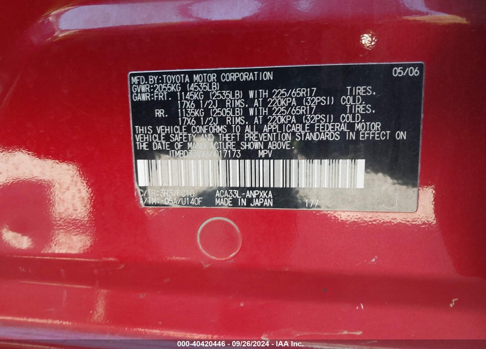 2006 TOYOTA RAV4 VIN: JTMBD33VX66017173
