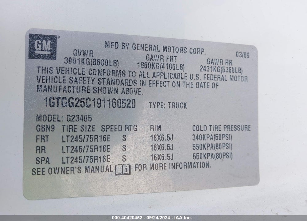2009 GMC SAVANA 2500 WORK VAN VIN: 1GTGG25C191160520