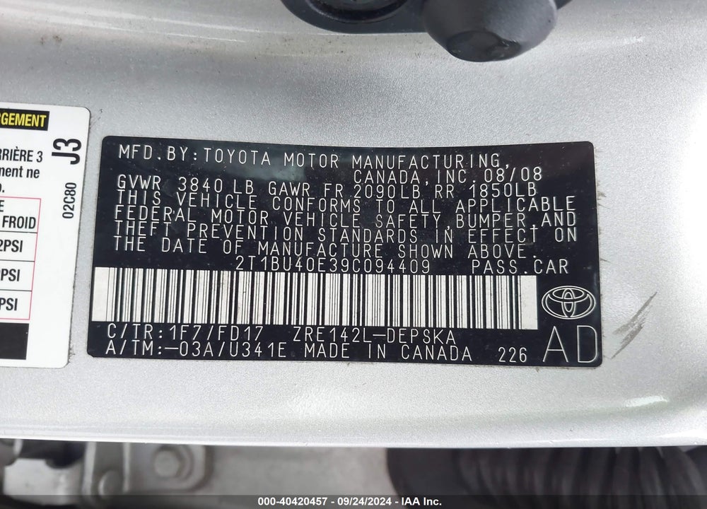 2009 TOYOTA COROLLA S VIN: 2T1BU40E39C094409