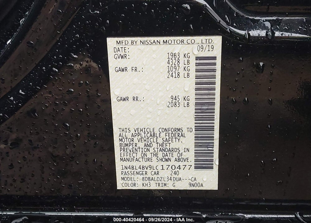 2020 NISSAN ALTIMA S FWD VIN: 1N4BL4BV9LC170477