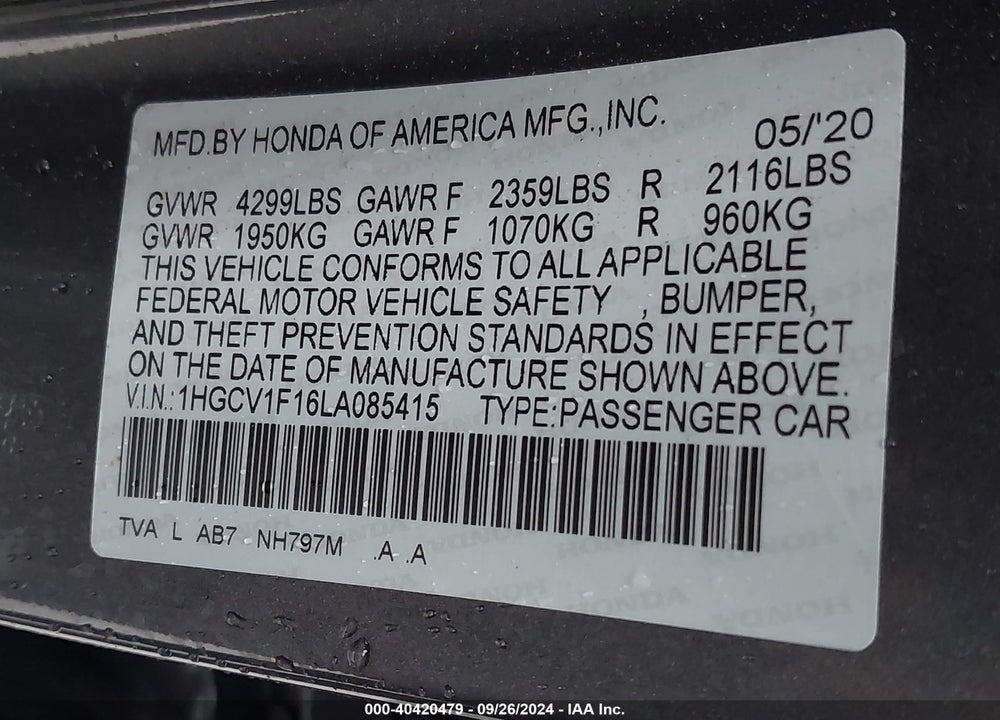 2020 HONDA ACCORD VIN: 1HGCV1F16LA085415