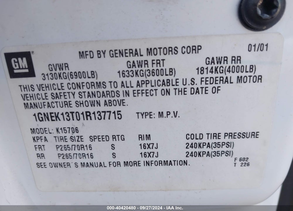 2001 CHEVROLET TAHOE LT VIN: 1GNEK13T01R137715