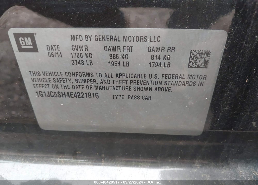 2014 CHEVROLET SONIC LT AUTO VIN: 1G1JC5SH4E4221816