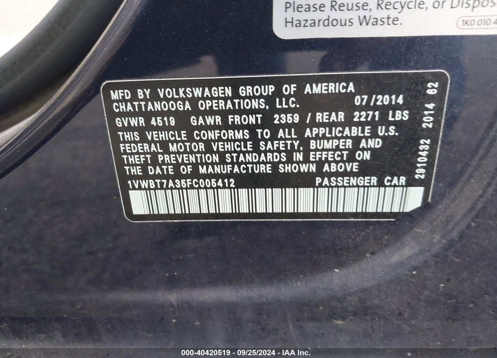 2015 VOLKSWAGEN PASSAT 1.8T SE VIN: 1VWBT7A35FC005412