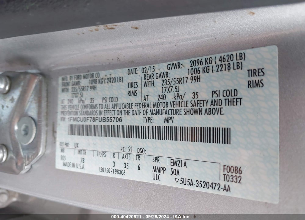 2015 FORD ESCAPE S VIN: 1FMCU0F78FUB55706