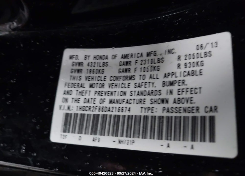 2013 HONDA ACCORD EX-L VIN: 1HGCR2F86DA216674