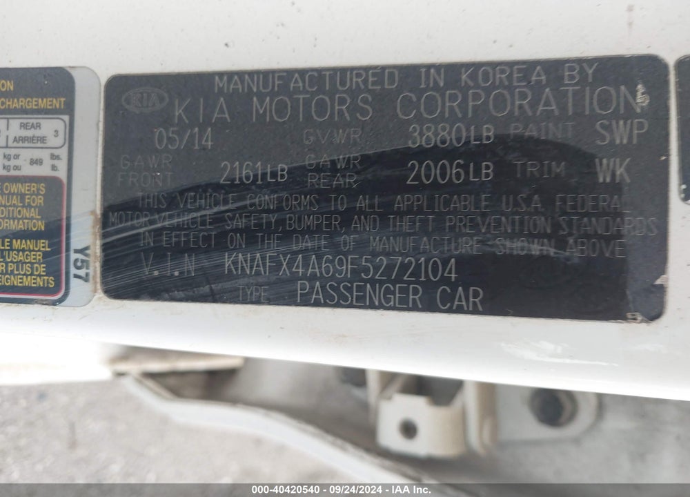2015 KIA FORTE LX VIN: KNAFX4A69F5272104
