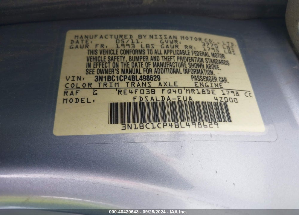 2011 NISSAN VERSA 1.8S VIN: 3N1BC1CP4BL498629