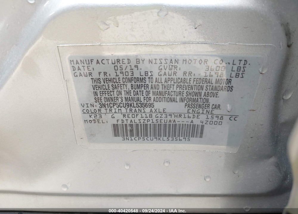 2019 NISSAN KICKS SV VIN: 3N1CP5CU9KL535695