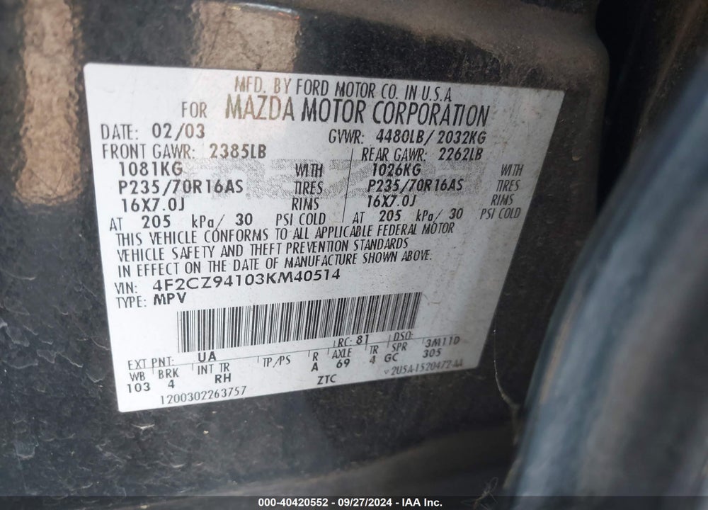 2003 MAZDA TRIBUTE LX V6 VIN: 4F2CZ94103KM40514