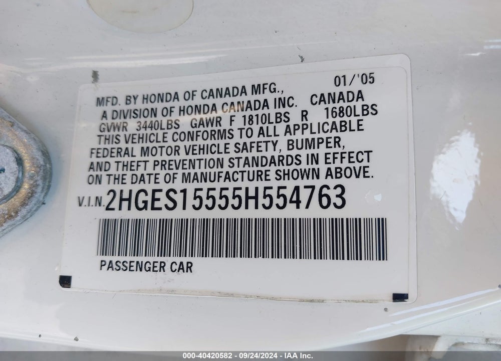 2005 HONDA CIVIC LX VIN: 2HGES15555H554763