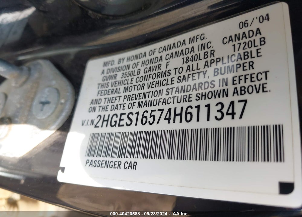2004 HONDA CIVIC LX VIN: 2HGES16574H611347