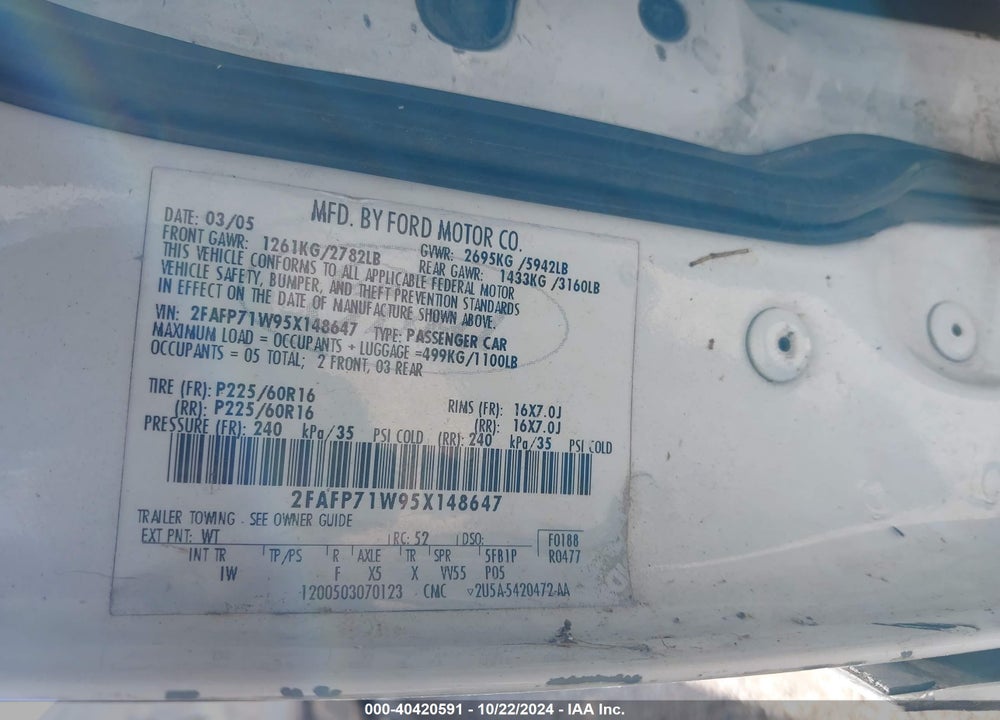 2005 FORD CROWN VICTORIA POLICE VIN: 2FAFP71W95X148647