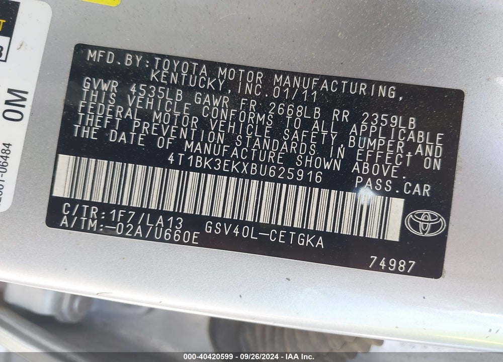 2011 TOYOTA CAMRY XLE V6 VIN: 4T1BK3EKXBU625916