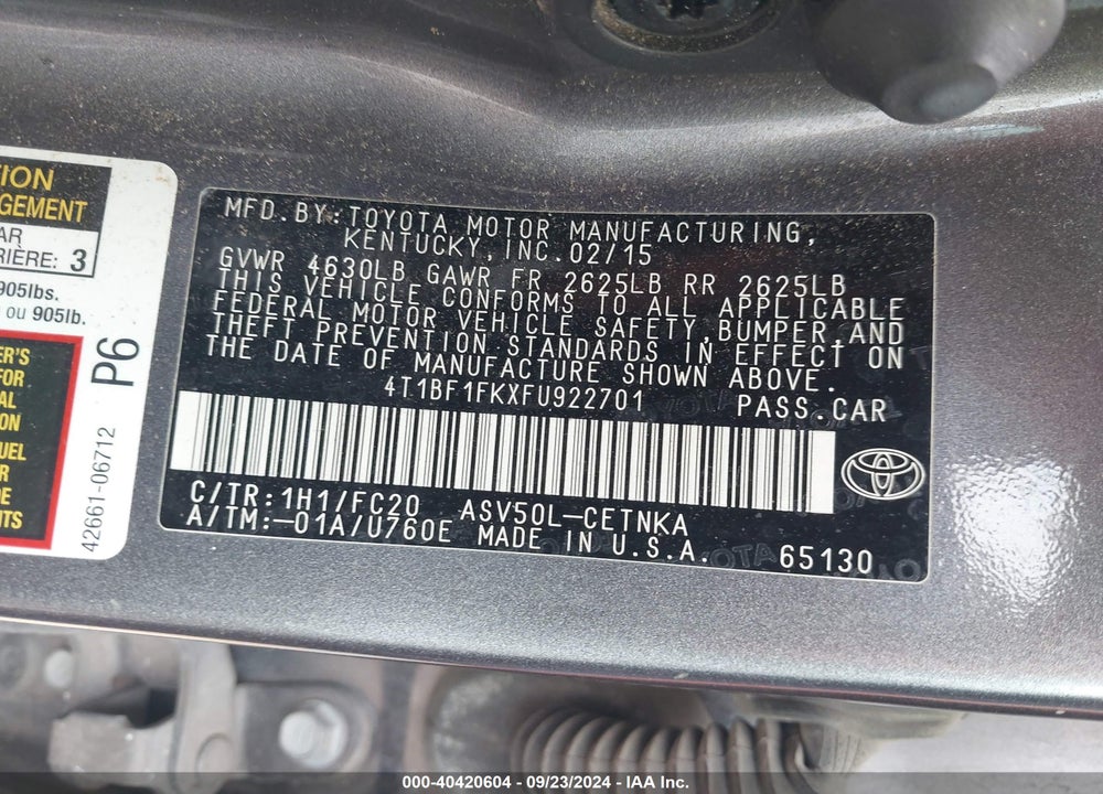 2015 TOYOTA CAMRY LE VIN: 4T1BF1FKXFU922701
