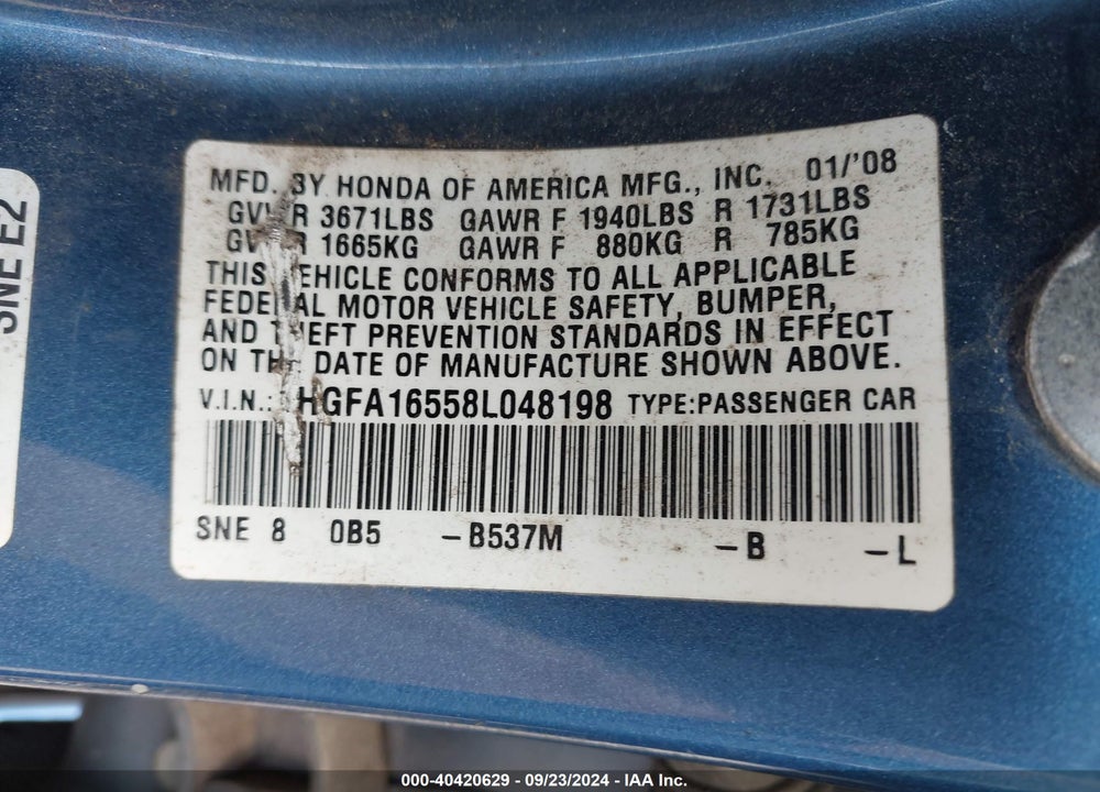 2008 HONDA CIVIC LX VIN: 1HGFA16558L048198