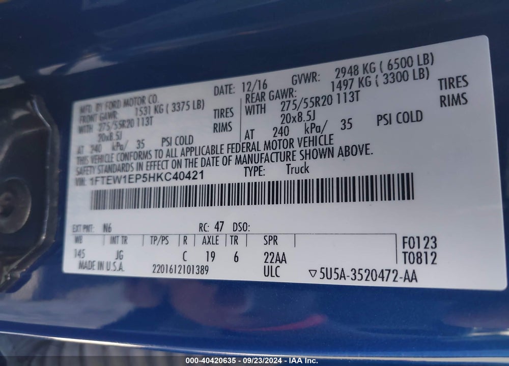 2017 FORD F-150 XL VIN: 1FTEW1EP5HKC40421