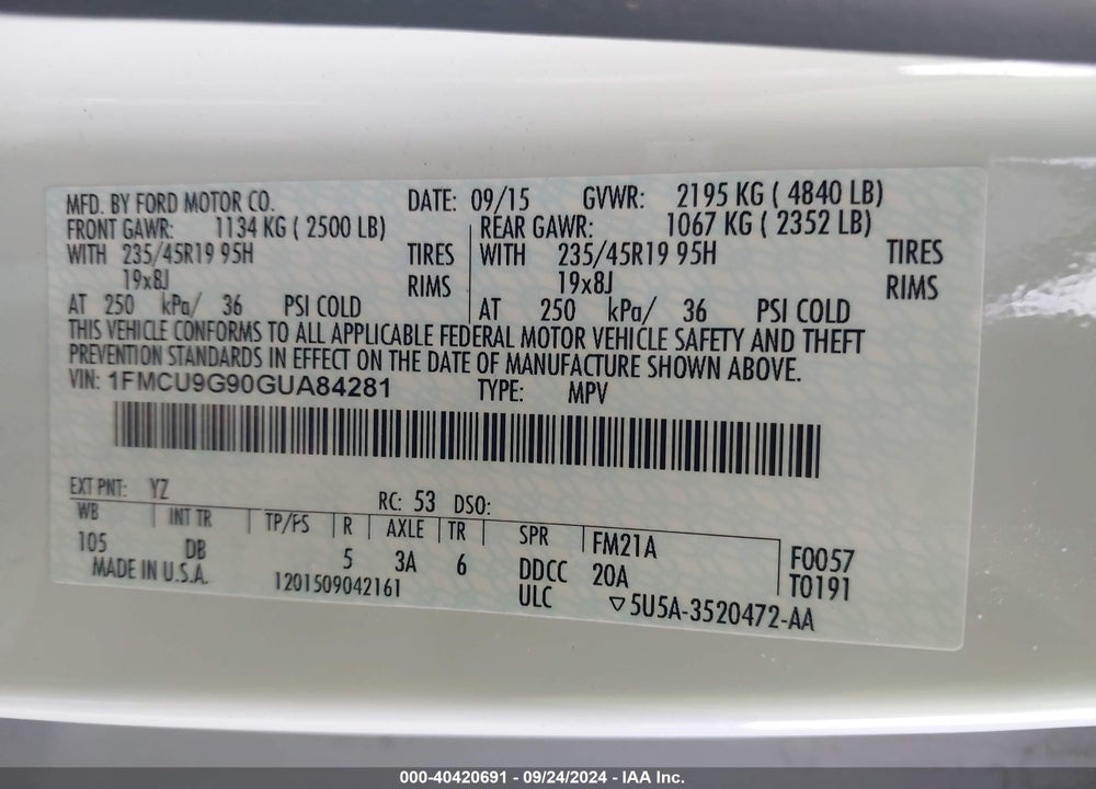 2016 FORD ESCAPE SE VIN: 1FMCU9G90GUA84281