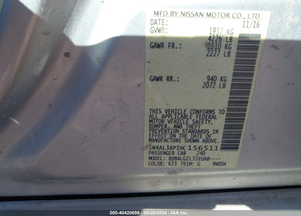 2017 NISSAN ALTIMA 2.5 S VIN: 1N4AL3AP1HC156511