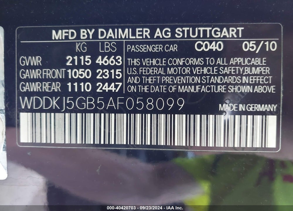 2010 MERCEDES-BENZ E 350 VIN: WDDKJ5GB5AF058099