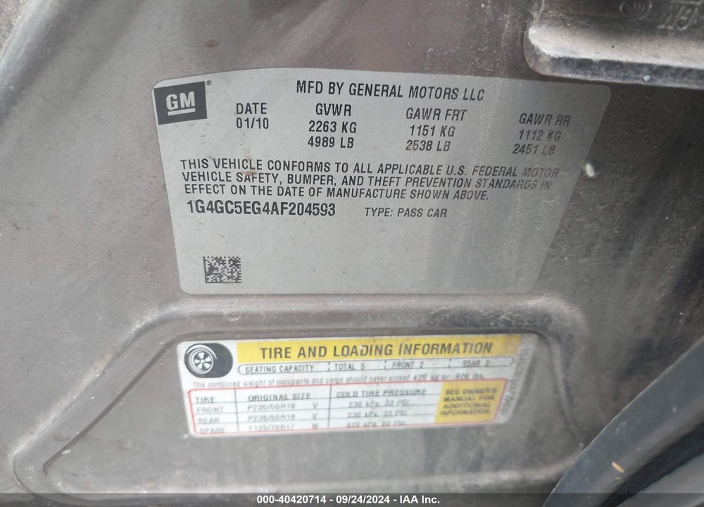 2010 BUICK LACROSSE CXL VIN: 1G4GC5EG4AF204593