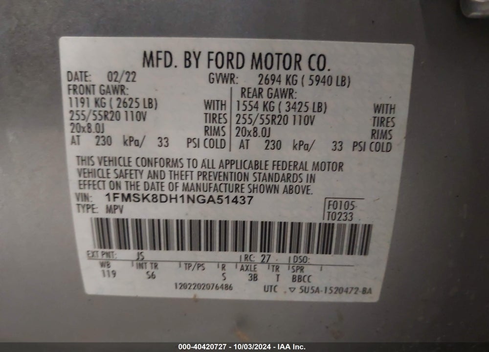 2022 FORD EXPLORER XLT VIN: 1FMSK8DH1NGA51437