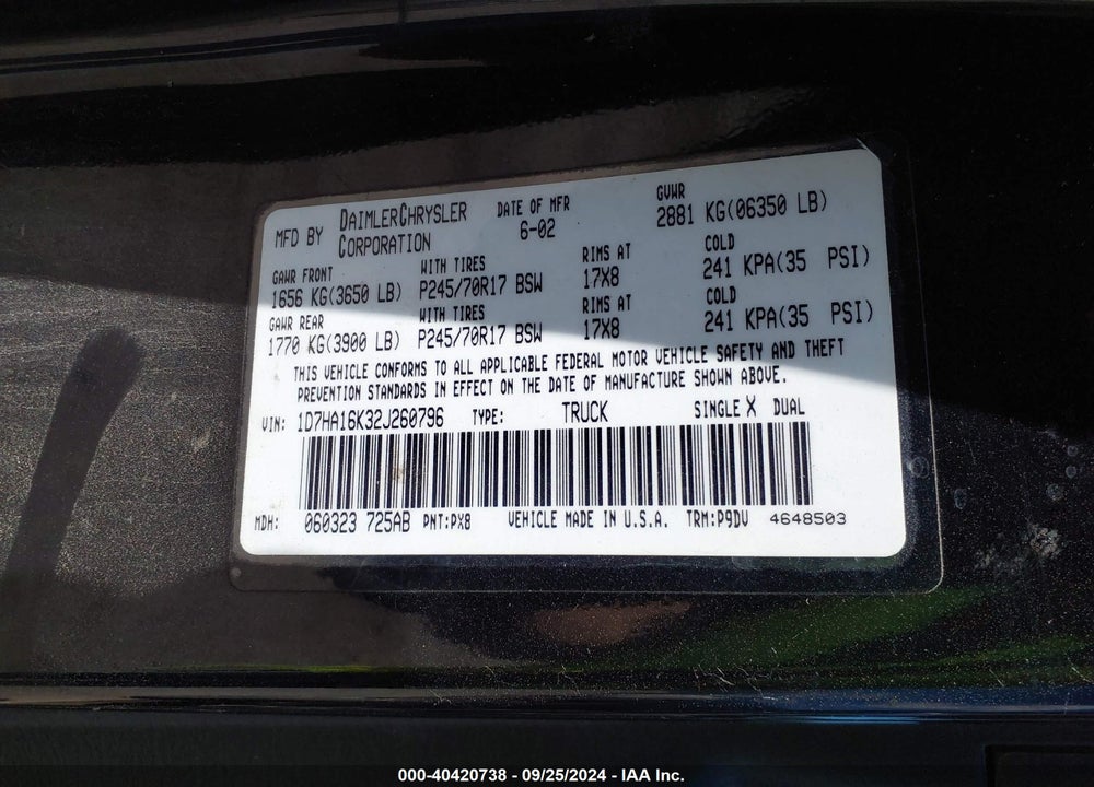 2002 DODGE RAM 1500 ST VIN: 1D7HA16K32J260796
