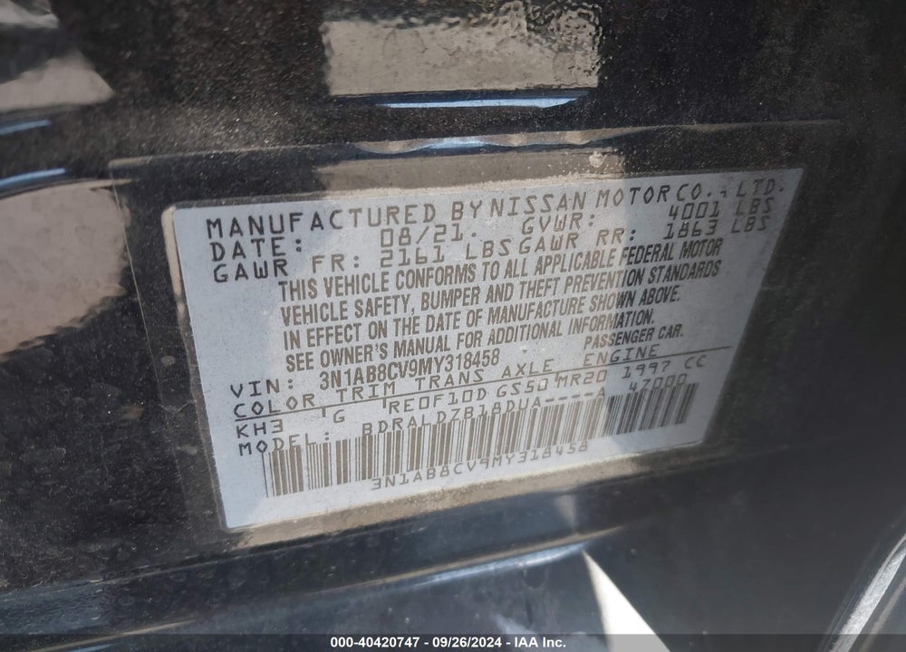 2021 NISSAN SENTRA SV XTRONIC CVT VIN: 3N1AB8CV9MY318458