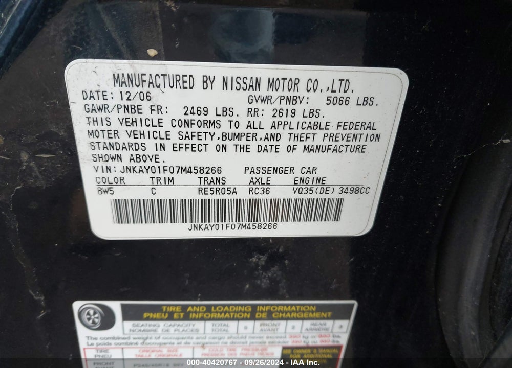 2007 INFINITI M35X VIN: JNKAY01F07M458266