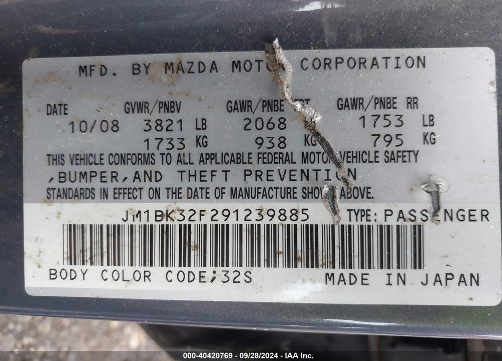 2009 MAZDA 3 I SPORT VIN: JM1BK32F291239885