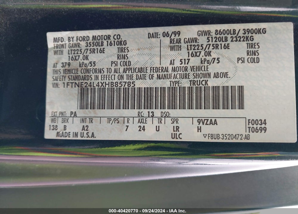 1999 FORD E-250 COMMERCIAL/RECREATIONAL VIN: 1FTNE24L4XHB85785