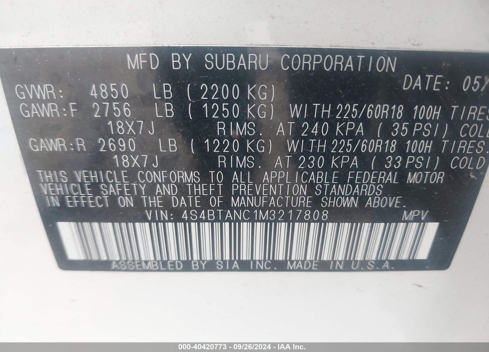 2021 SUBARU OUTBACK LIMITED VIN: 4S4BTANC1M3217808